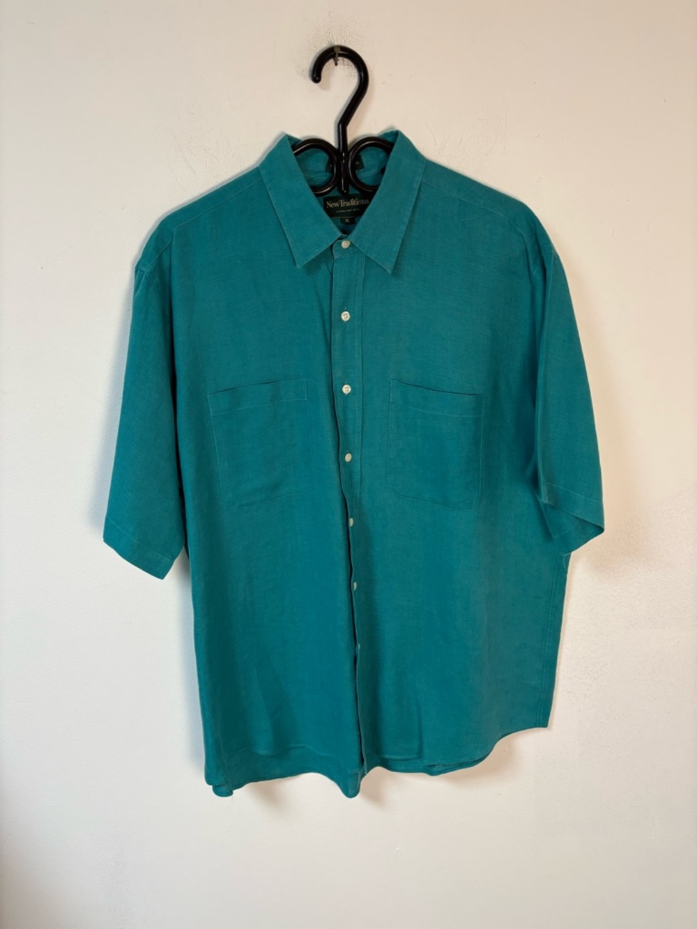 Vintage New Traditions Men’s 100% Linen Shirt Teal Short Sleeve XL